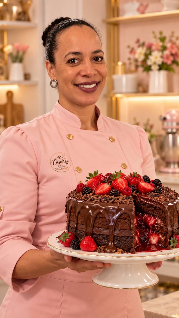 Confeiteira da Caseiros segurando um bolo de chocolate decorado com frutas